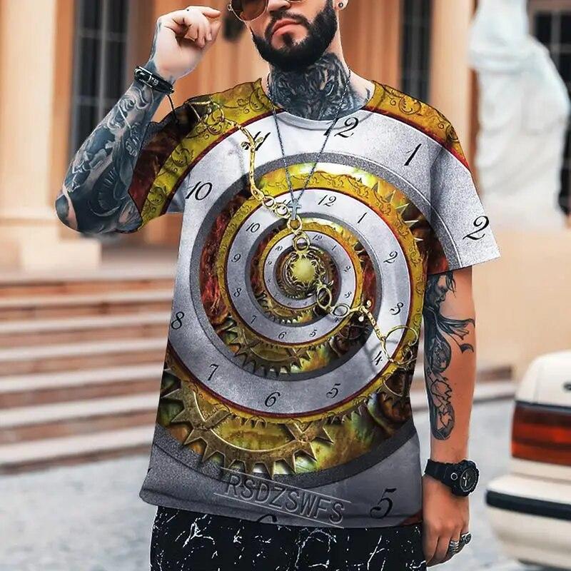 

Hip-hop Cool Pointer Rotating Clock T-shirt Male 3d Machine Printing Oversized T-shirt Street Summer Short-sleeved Brand