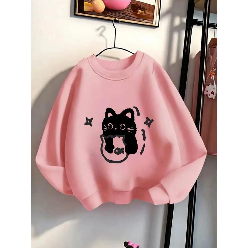 Kids Sweatshirt Round-neck Hoodie - Black Cat Holding Fish Silhouette Machine Washable, Spring And Autumn, Sportswear And Casual Wear