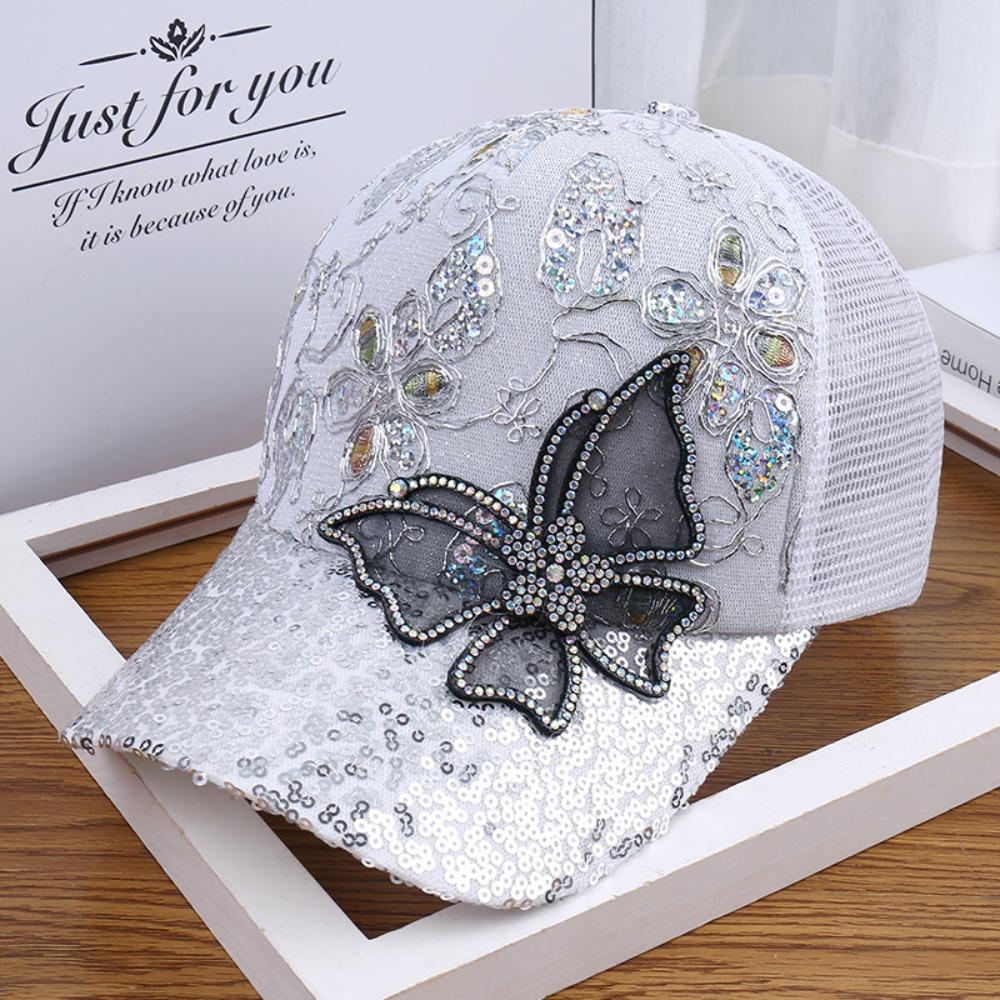 

Fashion Mesh Women s Baseball Cap Breathable Butterfly Decor Sun Hat Adjustable Black Rhinestone Peaked Cap Spring Summer Autumn білий