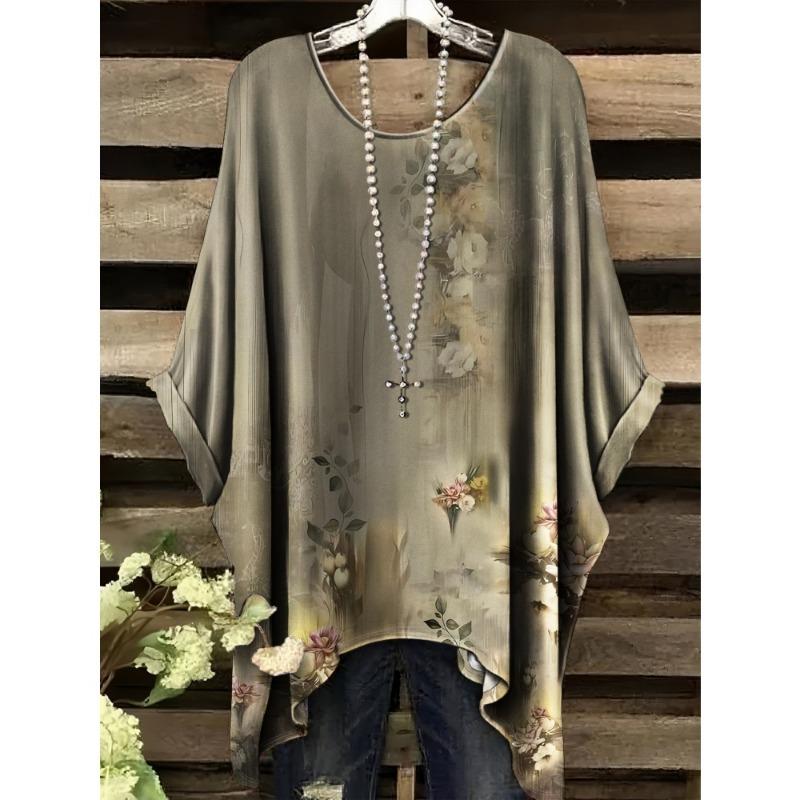 Women's Bohemian Flower Print T-Shirts Black Colorful Retro Full Body Graphic