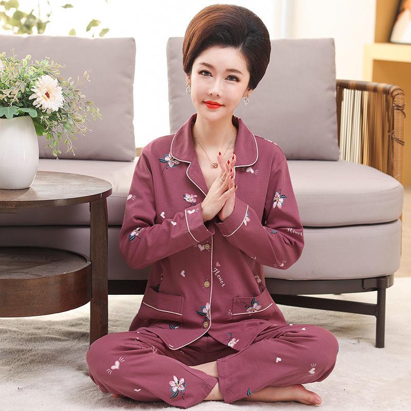 Middle-aged women's 100% pure cotton pajamas women's summer long-sleeved pajamas middle-aged and elderly mother loungewear thin suit
