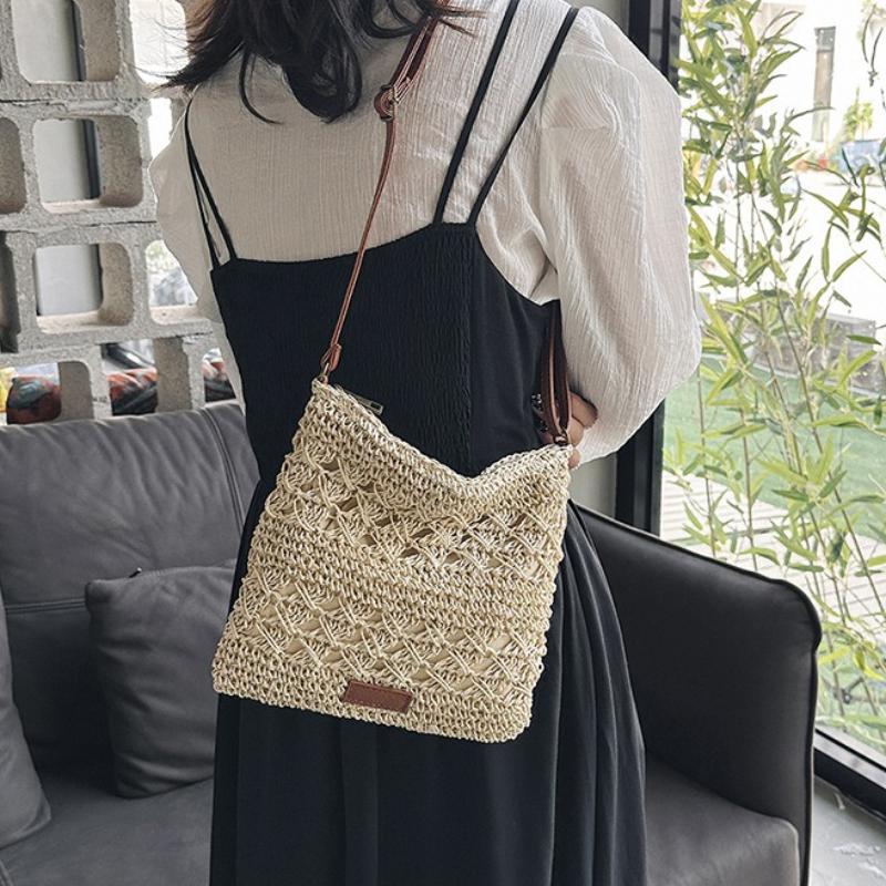 Chic Handmade Paper Straw Crossbody Bag Solid Color Zipper Closure Shoulder Messenger Bags for Women Summer Beach Urban Outings