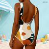 Women Plus Size High Round Neck Sleeveless Navy Blue Geometric Printed One Piece Swimsuit