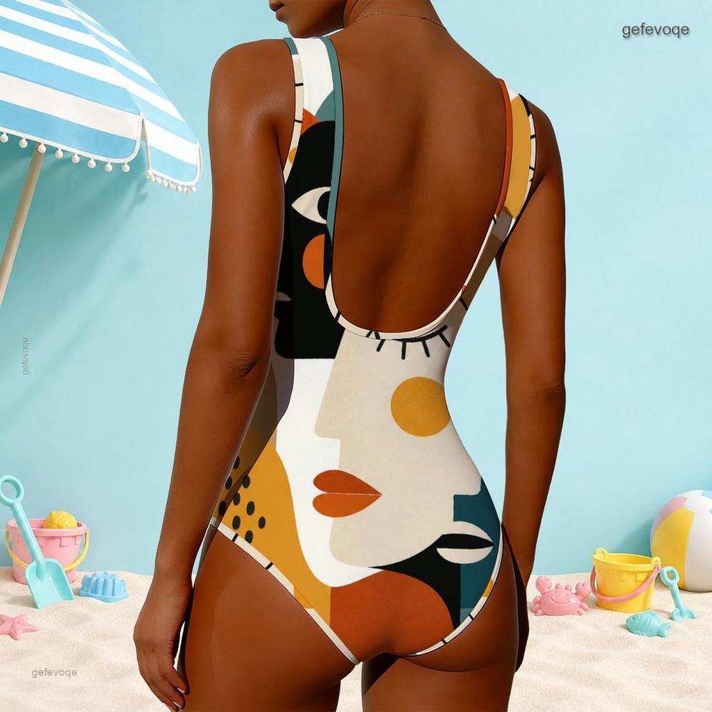 Women Plus Size High Round Neck Sleeveless Navy Blue Geometric Printed One Piece Swimsuit