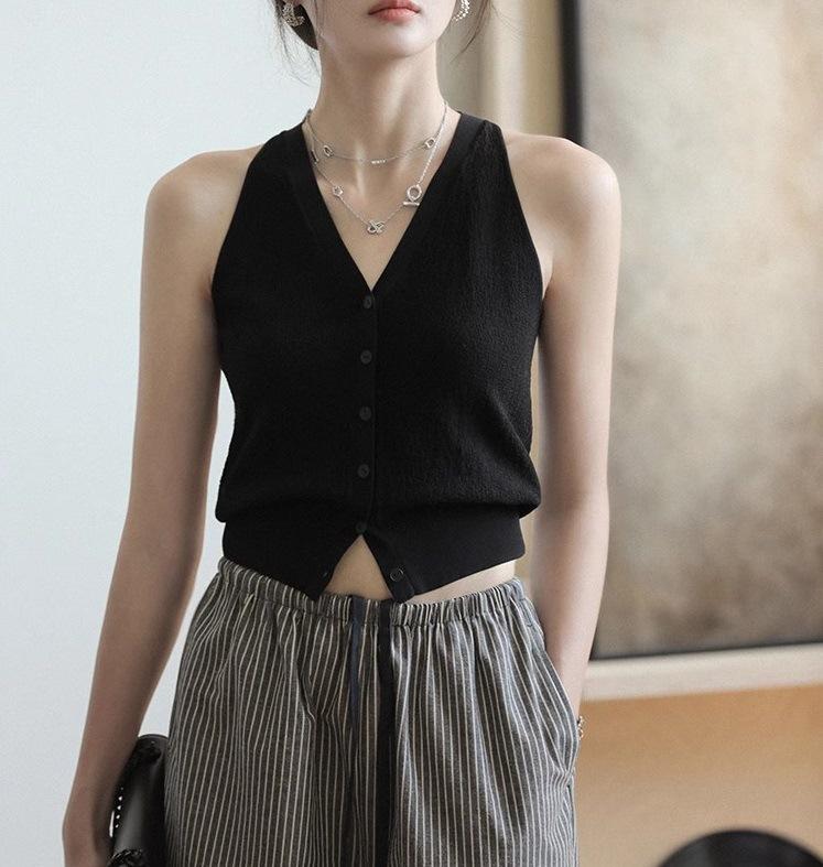 1116 New Hong Kong style vest, retro V-neck red suspender, shoulder-cut vest, women's waist cool knitted short top