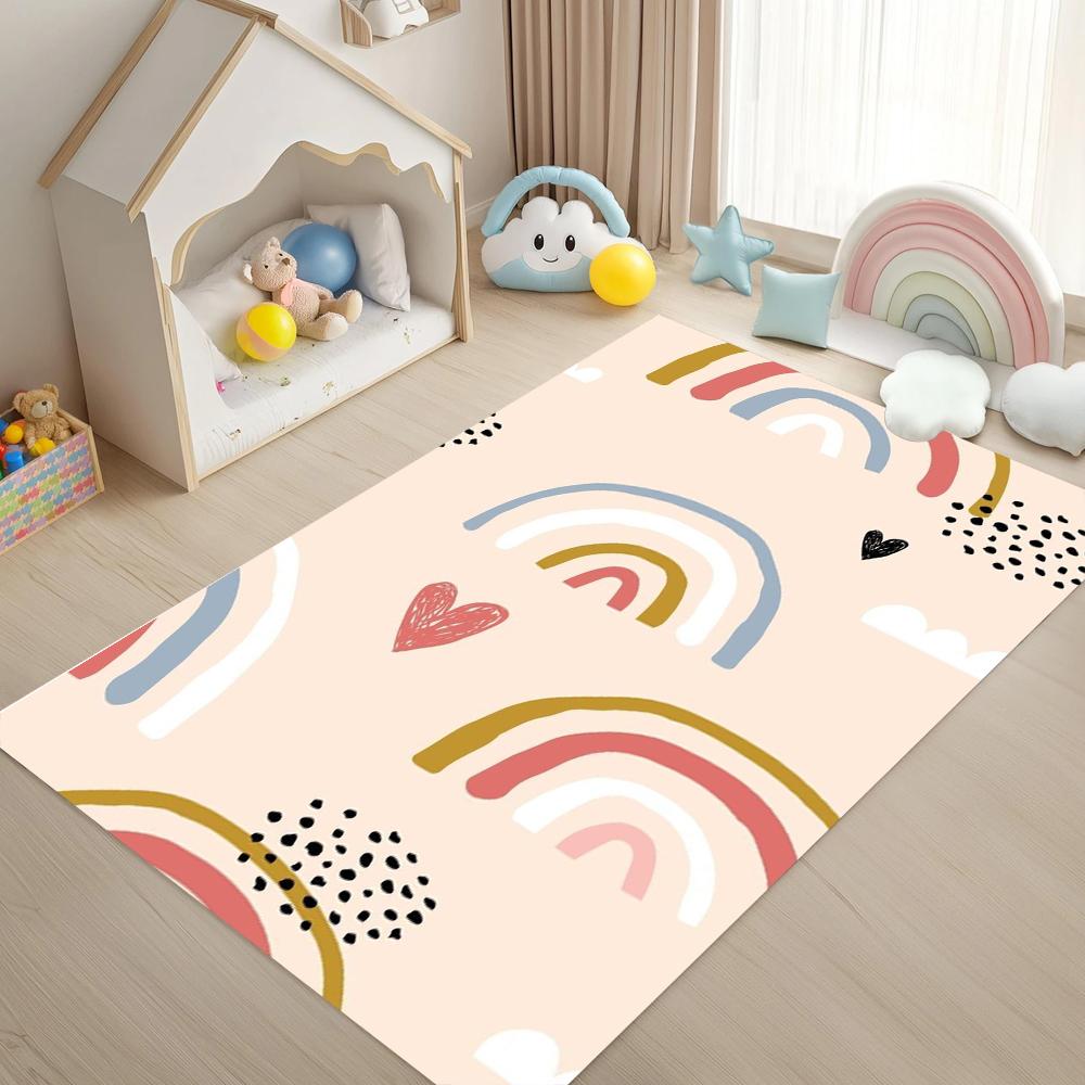 "Pastel Rainbow Heart Pattern Carpet Mat Rug Non-Slip Cute Kids Rug Home Decoration for Girls Room Bedroom Living Room"