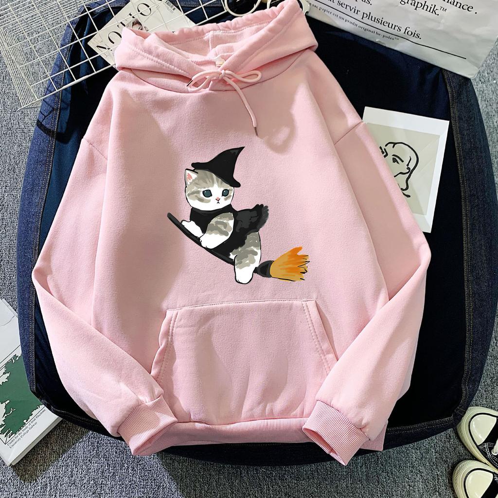 European and American Autumn and Winter Witch Cat Print Hoodie Sweatshirt for Men and Women, Korean Style Casual Tops for Couples