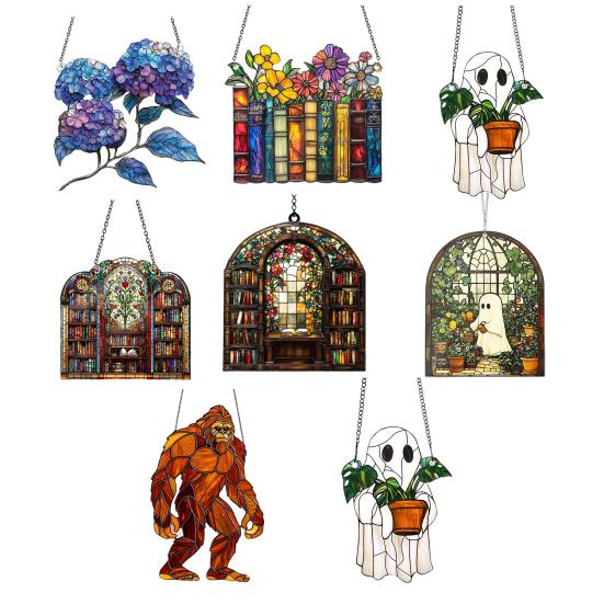 Halloween Suncatcher Stained Glass Window Hanging Sun Catcher Acrylic Ghost Plant Bookshelf Decoration for Window Wall Art Decor