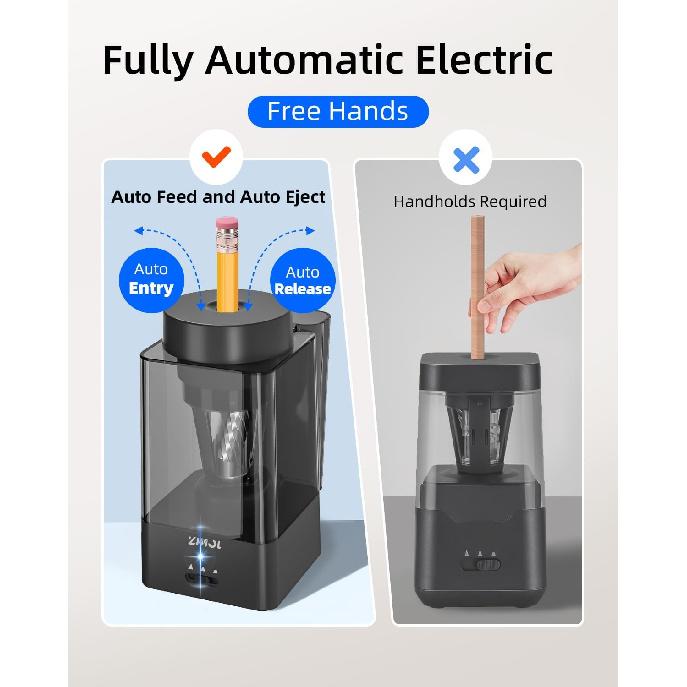 Zmol Full Automatic Electric Pencil Sharpener for Colored Pencils,Auto in & Out, Rechargeable Hands-Free,Heavy Duty Pencil Sharpeners for Classroom,