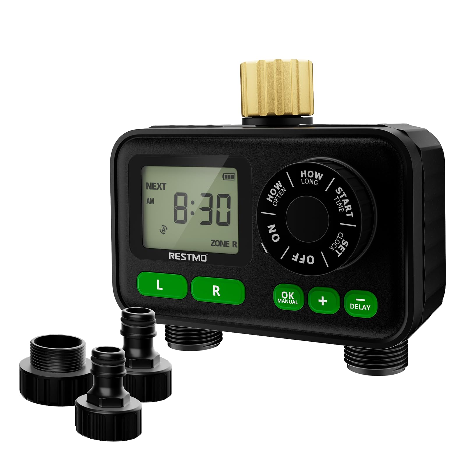 RESTMO Watering Timer, Watering System, Manual/Automatic/Rain Delay Function, Water Pressure Recovery, Brass Inlet, Large LCD Screen, Compatible with