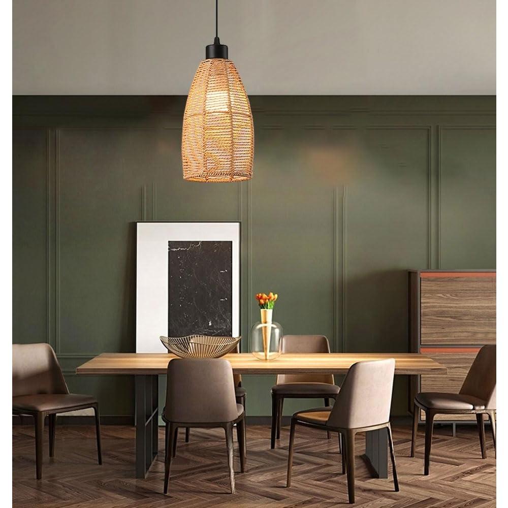 Boho Paper Rope Woven Pendant Light Wicker Chandelier Light Fixture Rattan Pendant Lighting Fixtures for Bedroom Kitchen Island