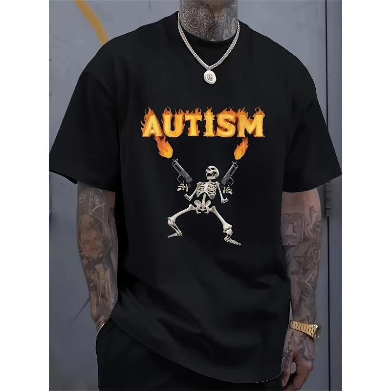 

European Size Men S Autism Graphic T-Shirt - Edgy Skeleton with Guns & Flames Design, White Casual Tee,Regular Fit, All-Season Wear, Everyday Tshirt 4XL чорний