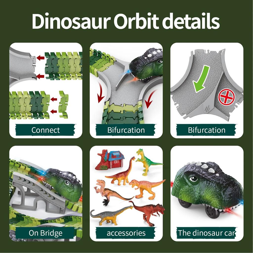 Electric Dinosaur Car Toy with Light and Sound Dinosaur Track Mountain Road Rail Puzzle Play Set for Kids Boys Christmas Birthday Gift