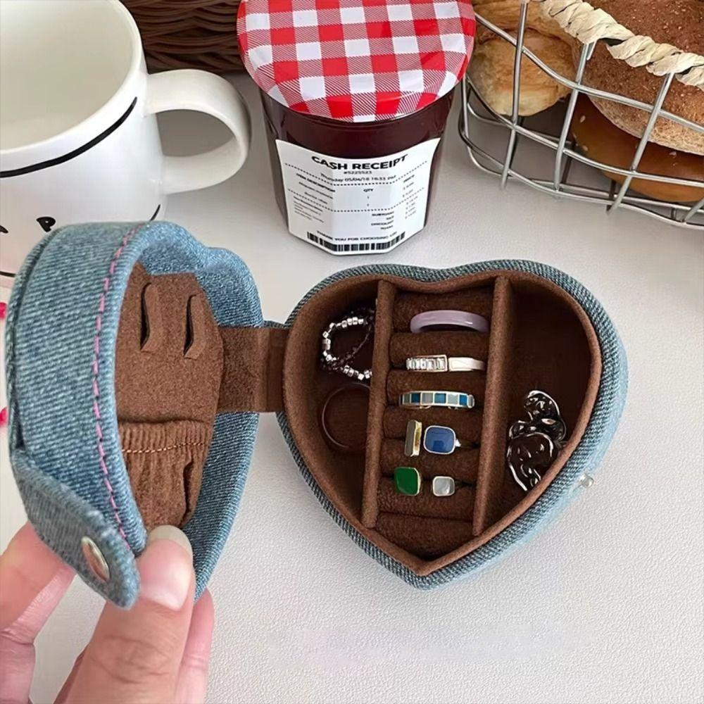 Portable Heart Shaped Jewelry Ring Storage Box Retro Style Embroidered Cosmetic Bag Pure Color With Strap Jewelry Holder Gift
