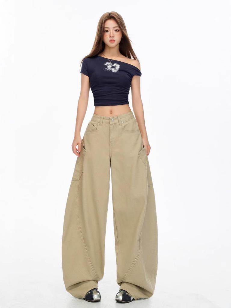 Army Green Retro Wide-Leg Scimitar Jeans with Large Pockets for Women - Summer/Autumn 2025 Collection
