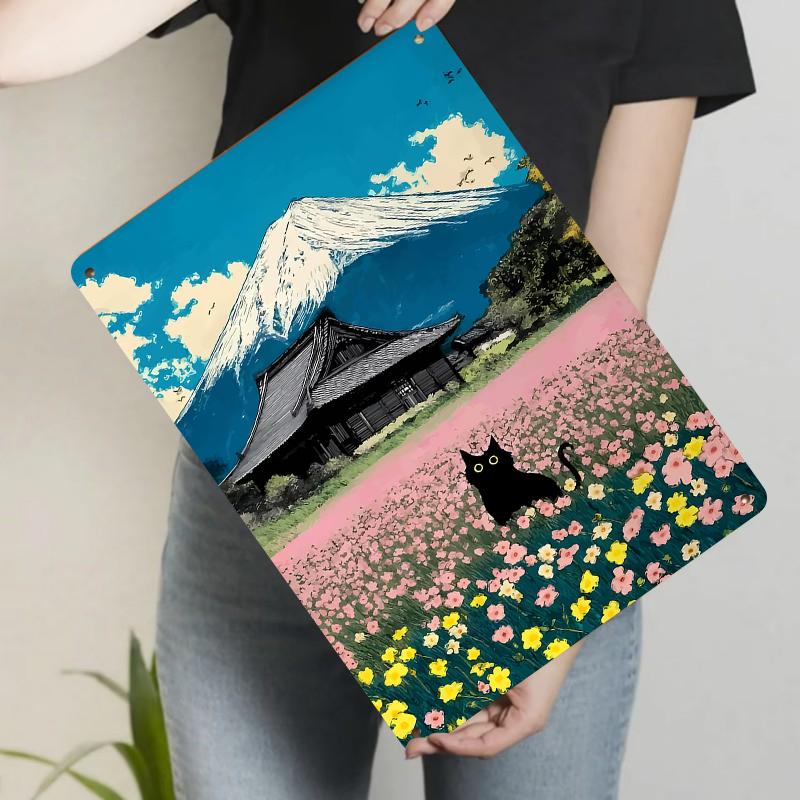 Japanese Traditional Architecture Fuji Mountain Cherry Blossom Cat Metal Iron Painting Living Room Decor 20x30cm(7.8x11.8inch)