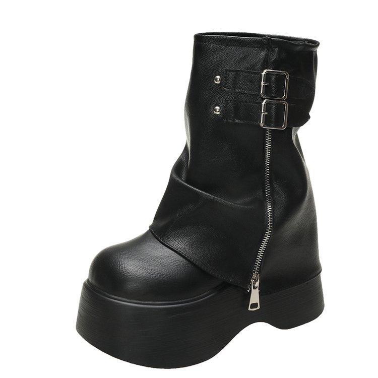 Fashion 10CM Winter Warm Chunky Short Boots Women High Heels New Mid Calf Leather Sneakers Trend Buckle Motorcycle Boots Fur Snow Shoes