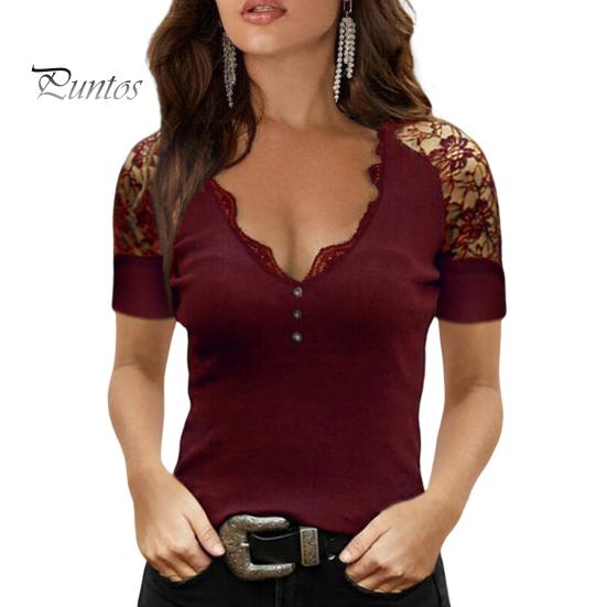 

Женские летние топы с v-образным вырезом, полые кружевные футболки с короткими рукавами, облегающие однотонные пуловеры, топы, уличная одежда 2XL вино красного