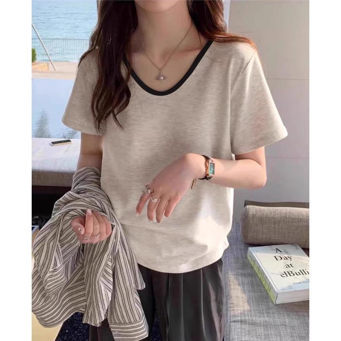 

beige contrasting color inner 2025 summer new cotton V-neck short-sleeved T-shirt women s American retro versatile top tide S бежевый