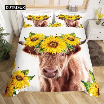 Set Husă Pilotă Vaci din Highlands Drăguț Model Floral Vacă Set Lenjerie de Pat Twin Husă Plapumă Floarea Soarelui Galbenă Husă Pătură Polyester Animal