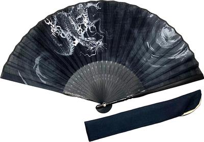 23cm Cotton Folding Fan with Japanese Cloud Dragon Dragon God Cotton and Linen Folding Fan Bag 1299c Men's High-Quality Pattern, Black, Openwork,