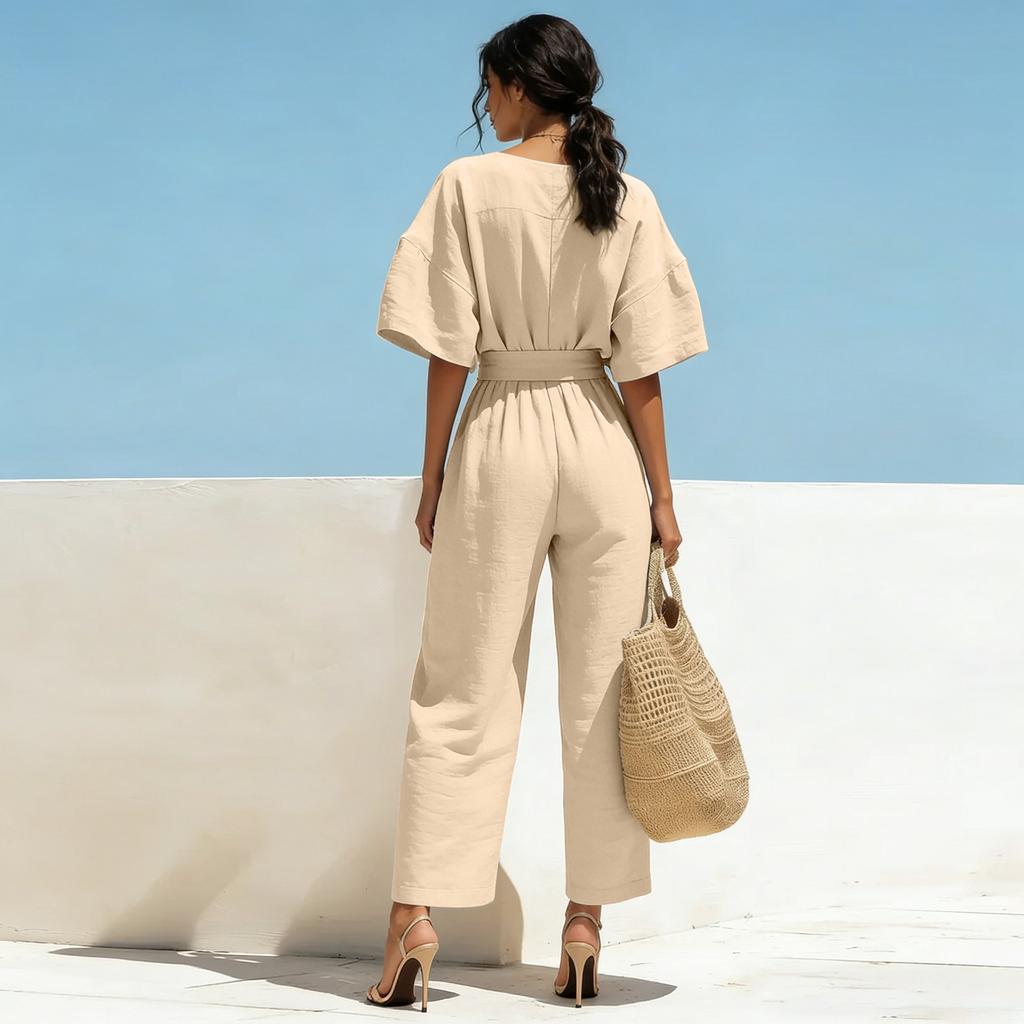 Women’s V Neck Short Sleeve Jumpsuit with Adjustable Waist Tie Loose Fit Wide Leg Romper Casual Wear