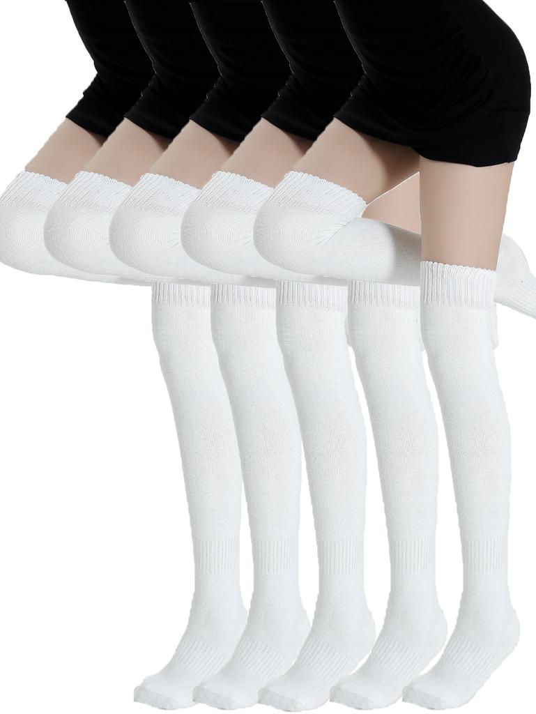 1/3/5 Pairs Women White Thigh High Socks Non-Slip Stretchy Knit Over The Knee Socks