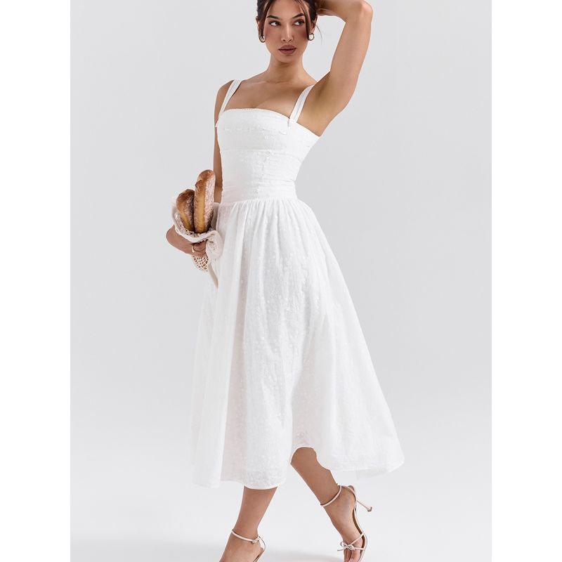 House Same Style Moonlight Dew French Style Pastoral Style Embroidered White Suspender Skirt Waist Hugging Slimming Long Dress