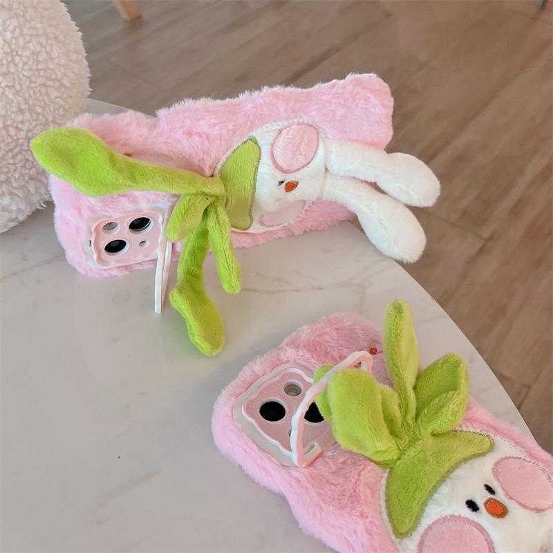 Wave Plush Mobile Phone Case for Huawei Mate50Pro & P40 - Cute Rabbit Design with Pull-out Stand, Anti-fall & Moisture-resistant.