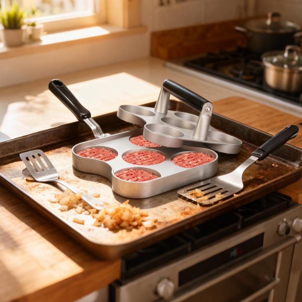 Patty Press Heavy-Duty Non Stick Flat Bottom Hamburger Smasher 5-Grid Griddle Accessories Bacon Burger Smasher for Kitchen