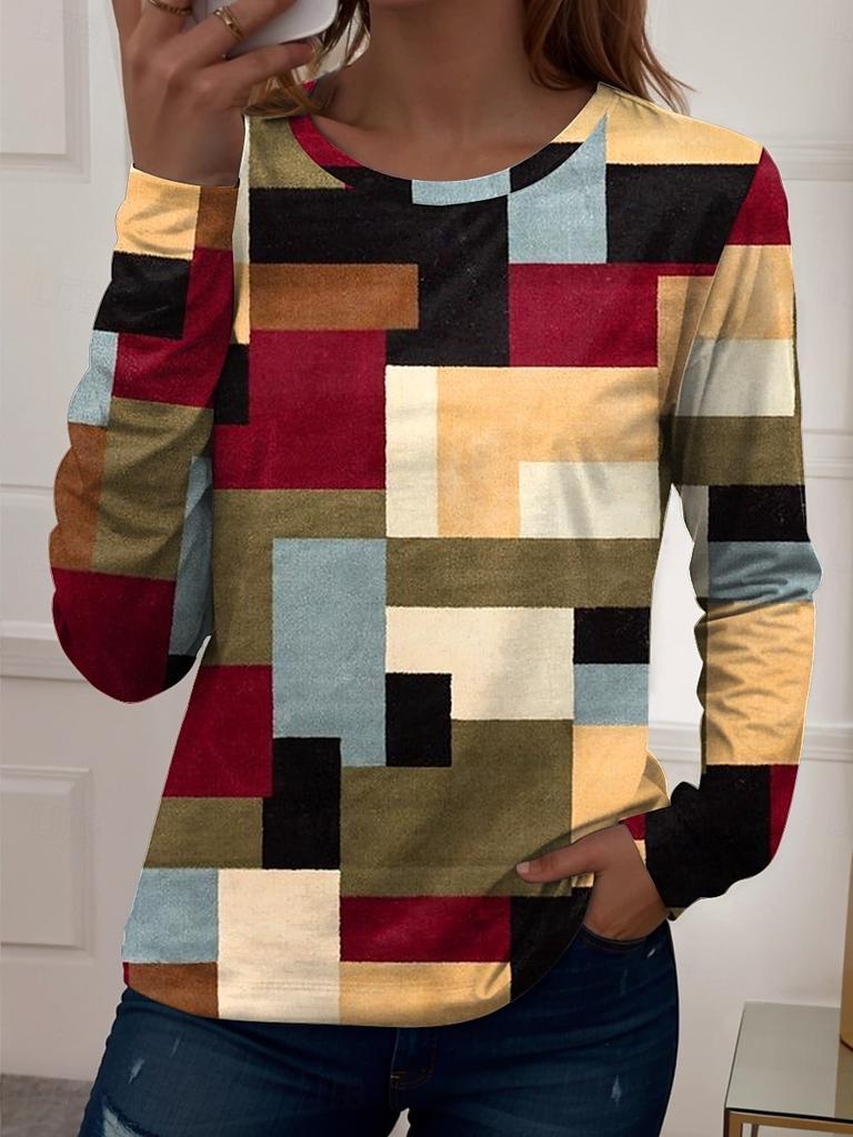 Damen 3D Karostreifen Print T-Shirt Mode Langarm Rundhals Regular Tops Feiertagswochenende Frühling und Herbst