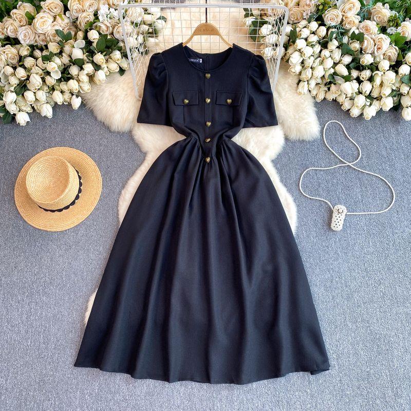 

French Style Retro Dress Women s 2024 New Design Sense Heart Buckle Silm Mid Length Long Length Formal Swing Dress Fashionable Skirt Black 2XL