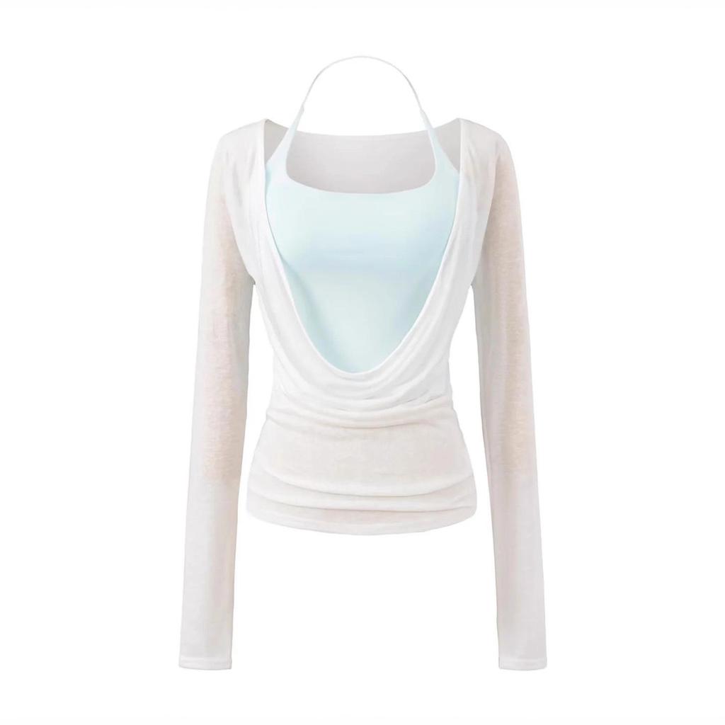Halter Neck Chest-Pad Vest Top with Long-Sleeve Flowing Collar Cover-Up - Women's Two-Piece Hot Girl Set