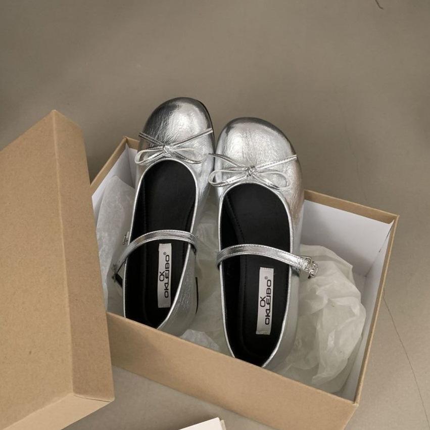 Silver Bow Word Belt Mary Jane Single Shoes Women's Shoes Spring and Autumn 2025 New Fairy Style Ballet Shoes