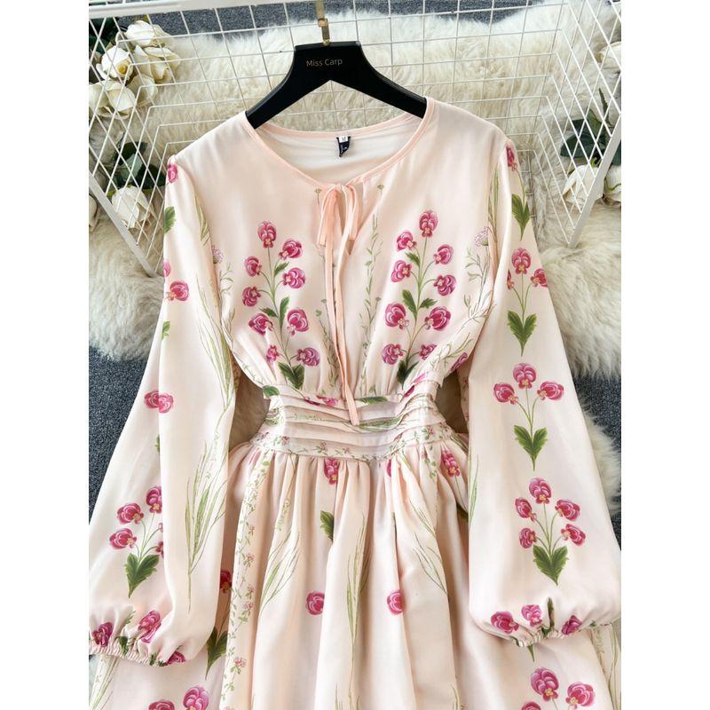 Long Sleeves Positioning Print Swing Slimming Retro Dress