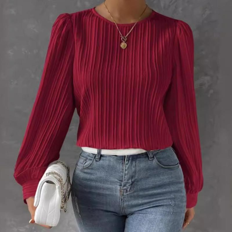 Women's Fashion Casual Spring Autumn Solid Color Print Long Sleeve O-Neck Blouses Shirts