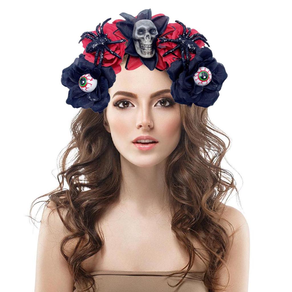 Halloween Theme Headband Day of The Dead Skull Flower Veil Hairband Cosplay Costume Headpiece Women Festival Hair Decors
