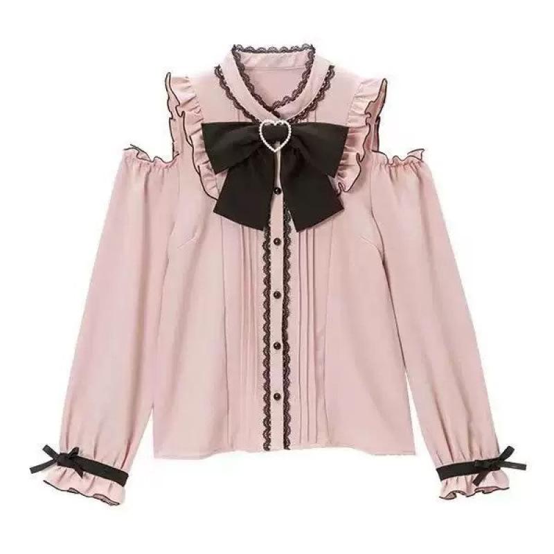 Cross-Border Europe Cute Versatile Japanese Style Bow Long Sleeve Ruffle Shirt for Women