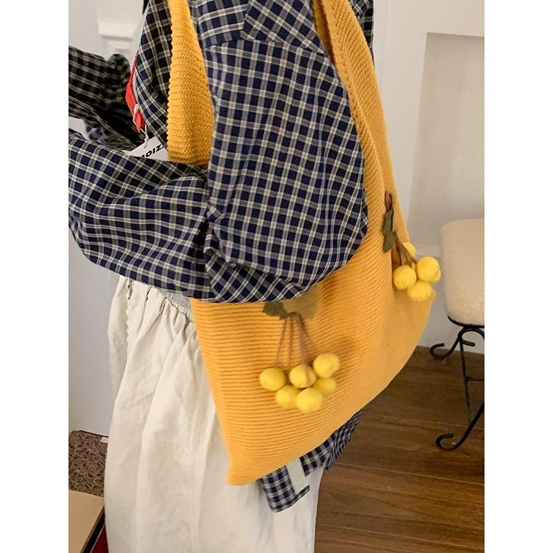 Niche Fashion Wool Knitted Bag Women's  New Literary Cherry Tote Bag Large-capacity Woven Shoulder Bag