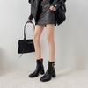 Autumn and winter temperament thick heel fashion boots women's square head waterproof table metal buckle soft leather side zipper commuter