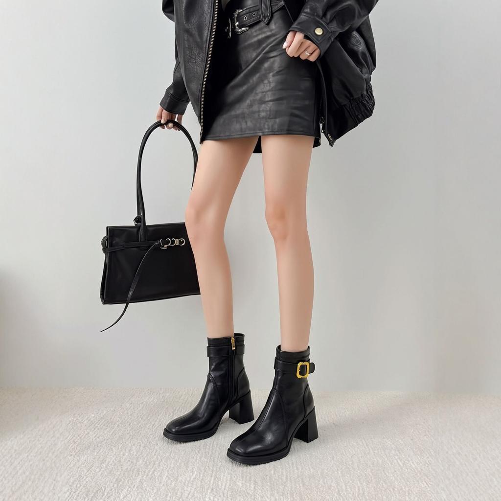 Autumn and winter temperament thick heel fashion boots women's square head waterproof table metal buckle soft leather side zipper commuter