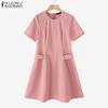 ZANZEA Women Casual Round Neck Short Sleeve Summer Elegant Dress