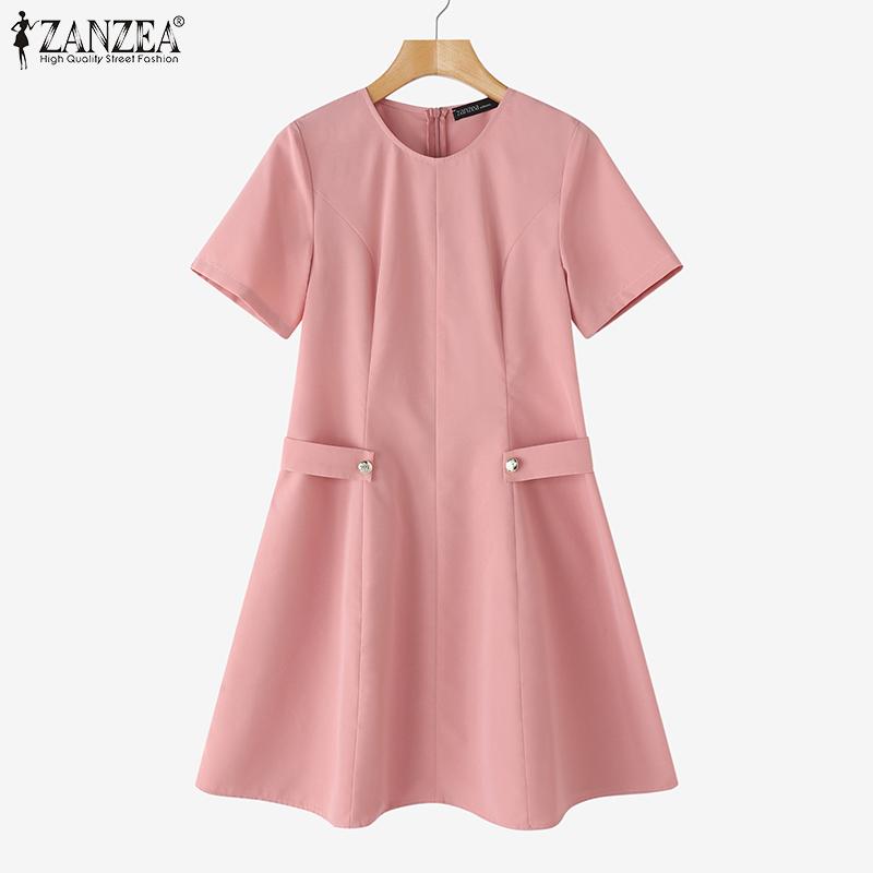 ZANZEA Women Casual Round Neck Short Sleeve Summer Elegant Dress