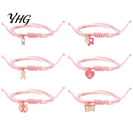 Breast Cancer Awareness Gifts Bracelet for Women, Adjustable Woven String with Handwoven Rope Wristband Ribbon Charm, Handmade Braided Survivor