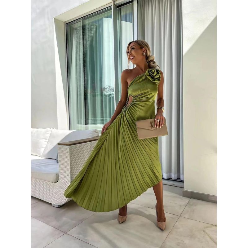 Fashion Solid Casual Sexy Temperament One Shoulder Slant Collar Pleat Hollow Out Formal Dress Long Dress Summer Long Dress