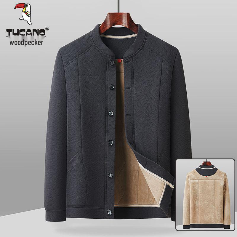Woodpecker Men's Winter Velvet-Lined Cotton Jacket for Middle-Aged and Elderly