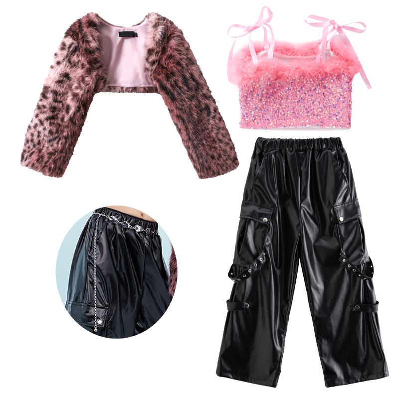 Dziewczęcy kostium do tańca jazzowego, jazz, cekiny, panterka, puszysta kurtka z długim rękawem i spodnie, kostium dla dzieci na street dance, pokaz mody