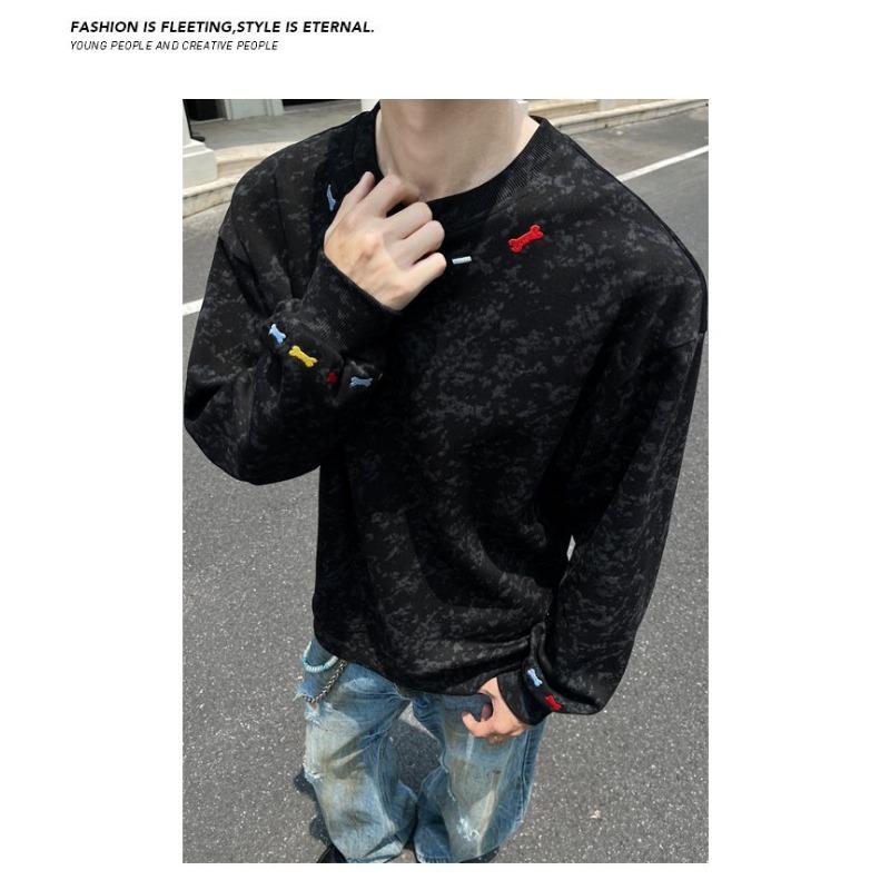 Men S Loose Fit Embroidered Crew Neck Pullover Sweatshirt Plus Size