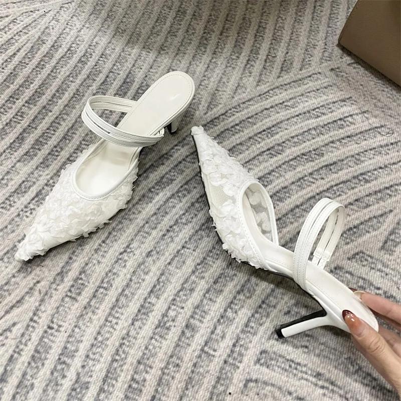 

Eilyken Сексуальные женские туфли-лодочки с цветочной сеткой, шлепанцы на тонком высоком каблуке с острым носком, туфли для вечеринки, Zapatos De Mujeres 35 белый