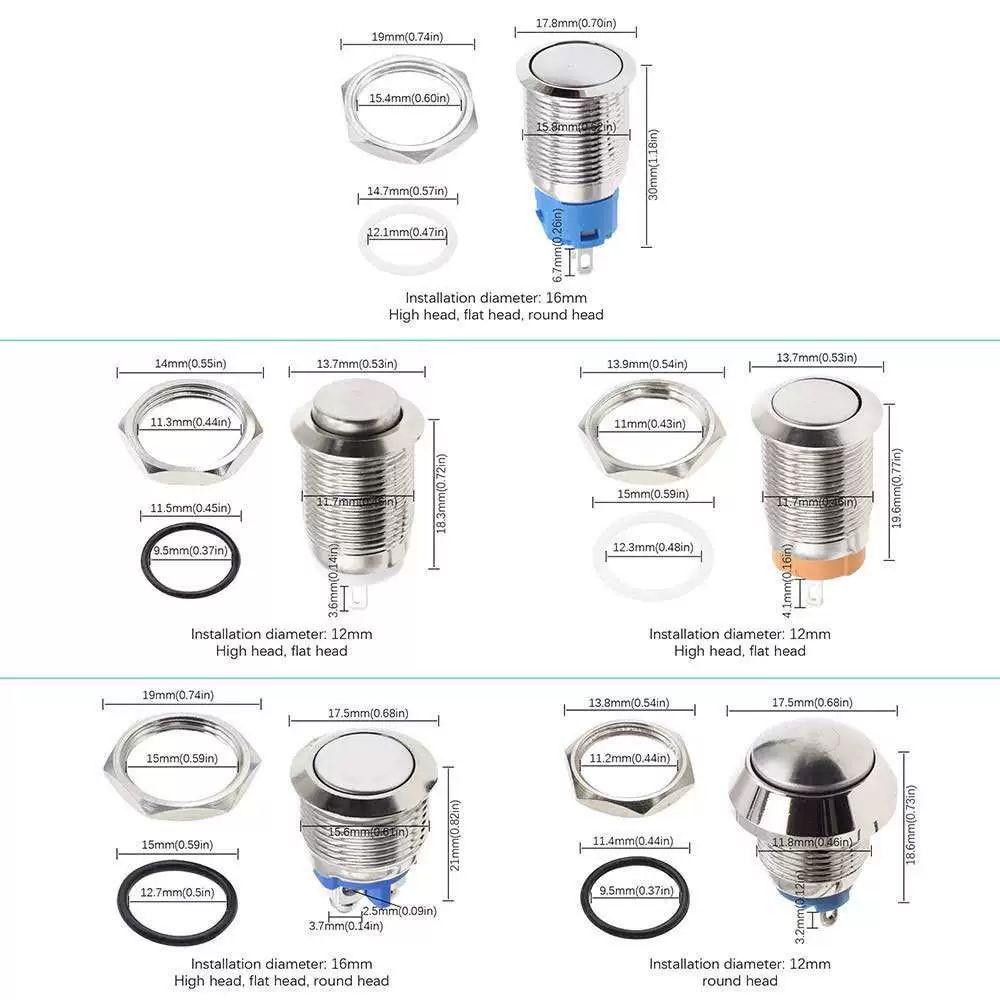 12MM/16MM Waterproof Rustproof Momentary Switch with Self-Locking, Auto-Reset, Normally Open Silver Contacts
